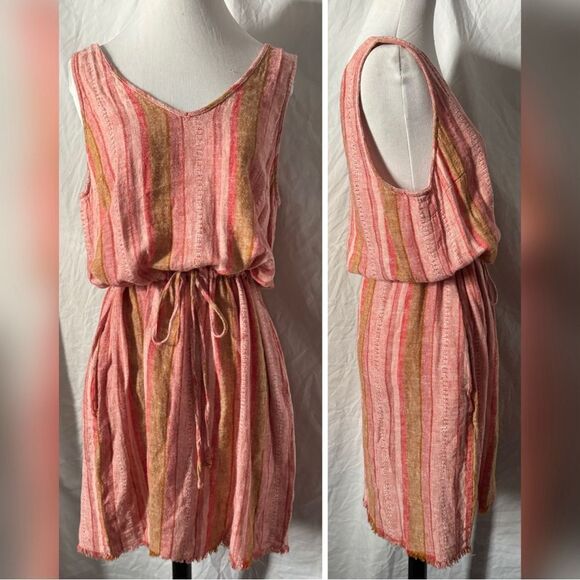 DREW for Anthropologie, Red Nat Dobby, Striped, Drawstring Linen Dress - Picture 3 of 15